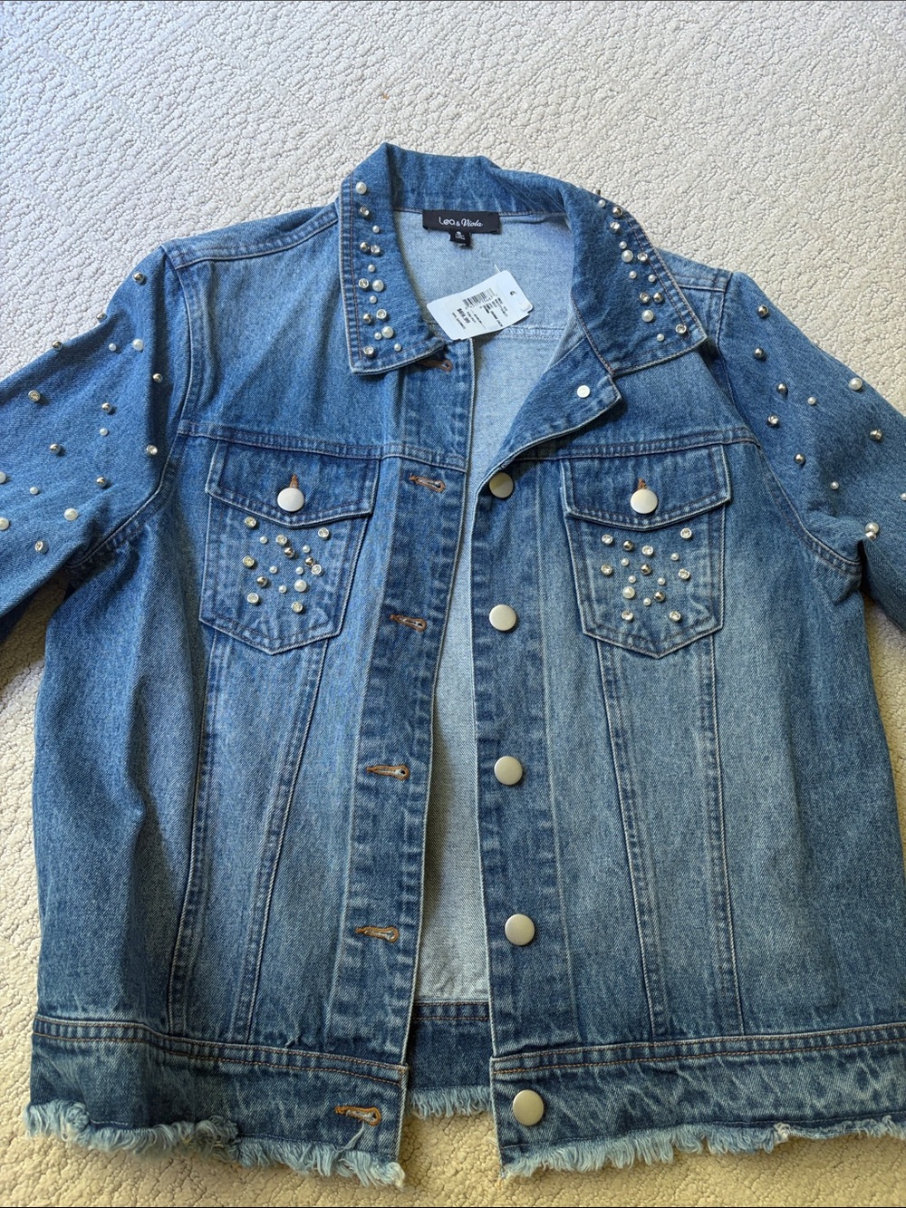 Leo & Nicole Distressed Pearl-Embellished Denim Jacket